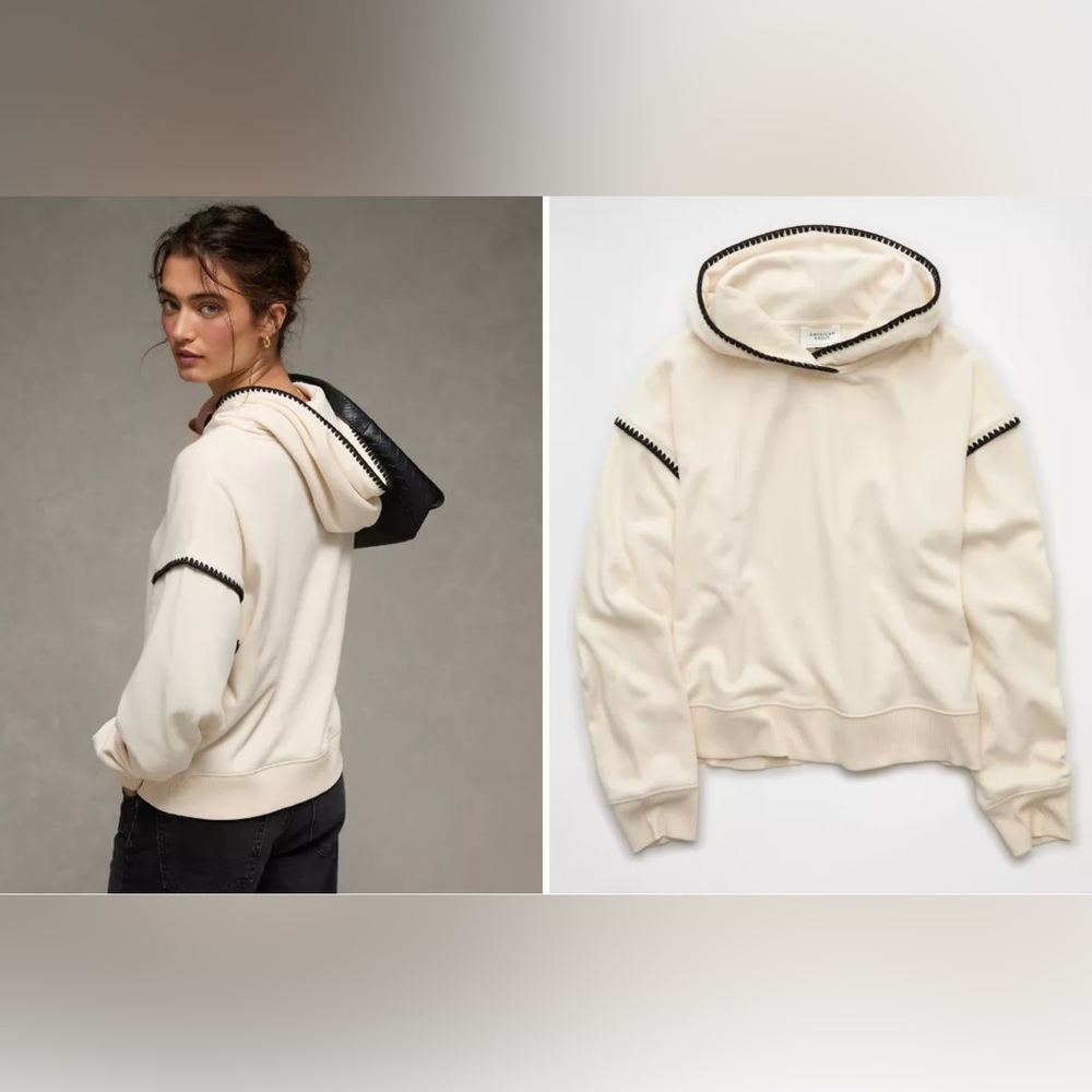 American Eagle Outfitters Contrast Stitch Hoodie Cream Top with Black Stitching